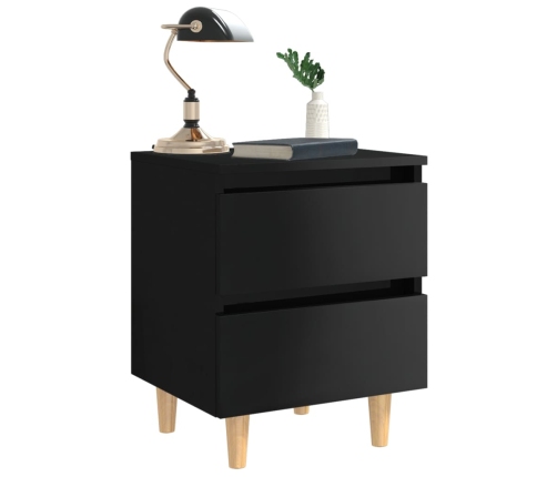 Mesita de noche patas de madera maciza negro brillo 40x35x50 cm