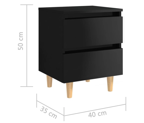 Mesita de noche patas de madera maciza negro brillo 40x35x50 cm