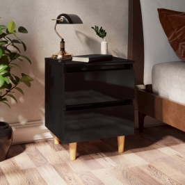 Mesita de noche patas de madera maciza negro brillo 40x35x50 cm