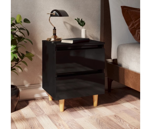 Mesita de noche patas de madera maciza negro brillo 40x35x50 cm