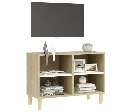 Mueble TV patas madera maciza blanca roble sonoma 69,5x30x50 cm