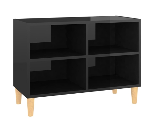 Mueble de TV patas de madera maciza negro brillo 69,5x30x50 cm