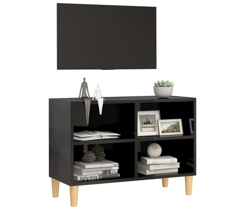 Mueble de TV patas de madera maciza negro brillo 69,5x30x50 cm