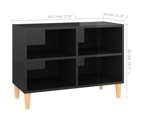 Mueble de TV patas de madera maciza negro brillo 69,5x30x50 cm