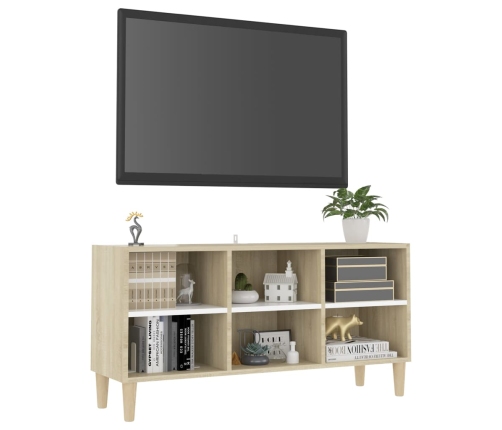 Mueble TV patas madera maciza blanca roble sonoma 103,5x30x50cm