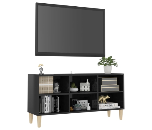 vidaXL Mueble de TV patas de madera maciza negro brillo 103,5x30x50 cm