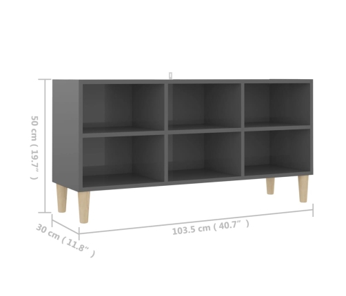 Mueble de TV patas de madera maciza gris brillo 103,5x30x50 cm