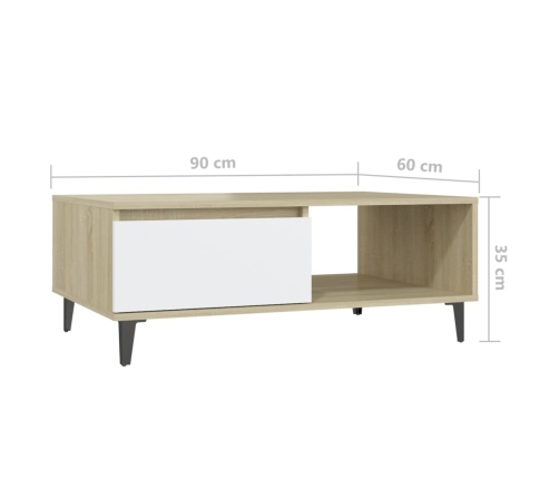 vidaXL Mesa de centro madera contrachapada blanco y roble 90x60x35 cm