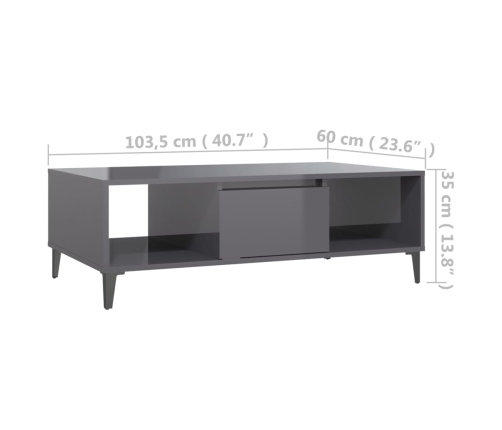 vidaXL Mesa de centro madera contrachapada gris brillo 103,5x60x35 cm