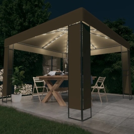 Cenador doble techo y tira luz LED gris taupe 3x3x2,7m 180 g/m²