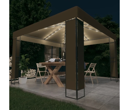 Cenador doble techo y tira luz LED gris taupe 3x3x2,7m 180 g/m²