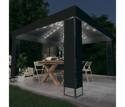 Cenador con doble techo y tira de luces LED antracita 3x3 m
