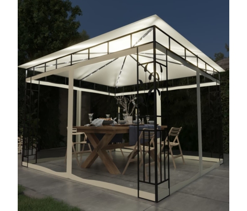Cenador con mosquitera y tira de luces LED crema 3x3x2,73m