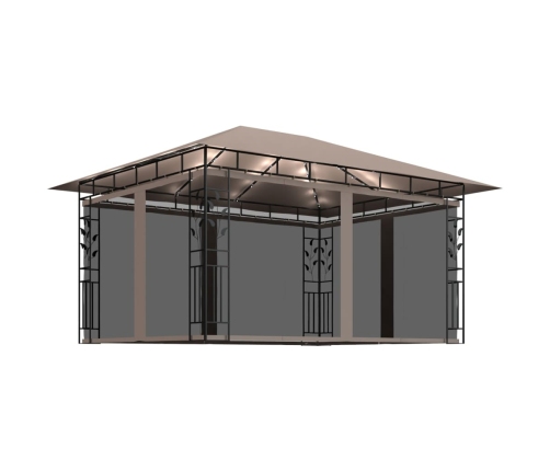 Cenador con mosquitera y tira luz LED taupé 4x3x2,73m 180 g/m²