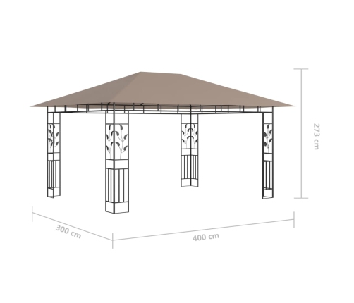 Cenador con mosquitera y tira luz LED taupé 4x3x2,73m 180 g/m²