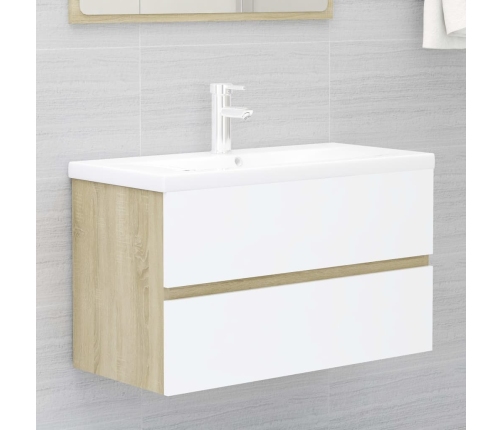 Set de muebles de baño madera ingeniería blanco y roble Sonoma