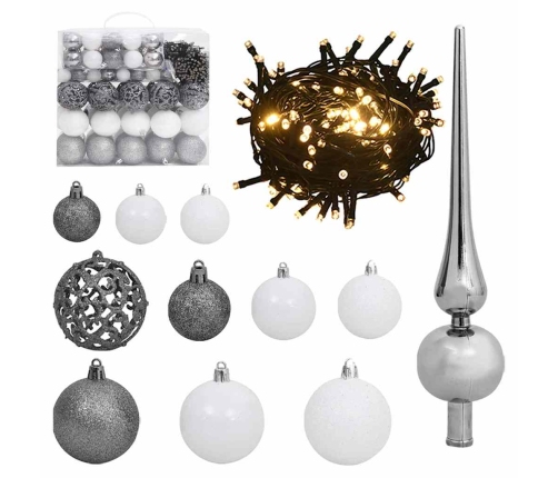 Set de bolas de Navidad 120 pzas con pico 300 LED blanco y gris