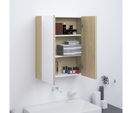 Armario de espejo de baño MDF blanco y roble 60x15x75 cm