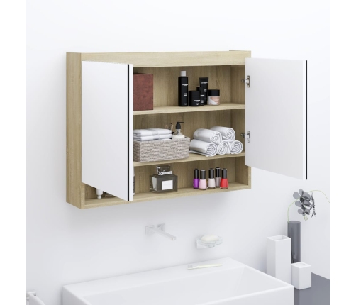 Armario de baño con espejo MDF blanco y roble 80x15x60 cm