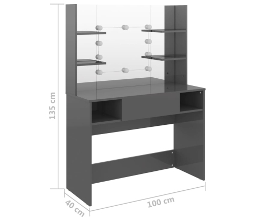 Tocador de maquillaje luces LED MDF gris brillo 100x40x135 cm