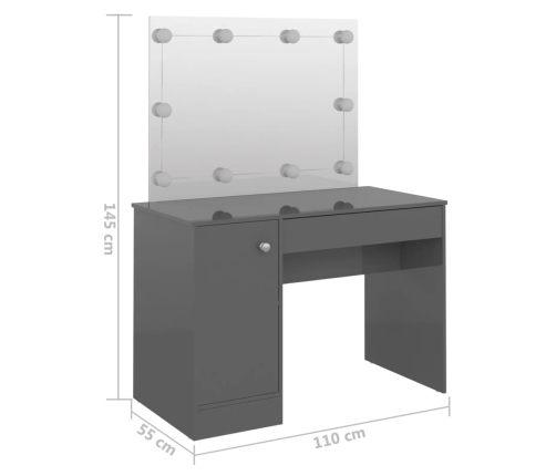 Tocador de maquillaje luces LED MDF gris brillo 110x55x145 cm