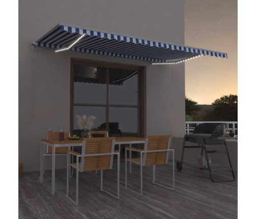 Toldo retráctil manual con LED azul y blanco 500x350 cm