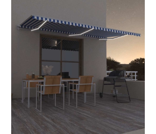 Toldo automático LED sensor de viento azul y blanco 600x350 cm