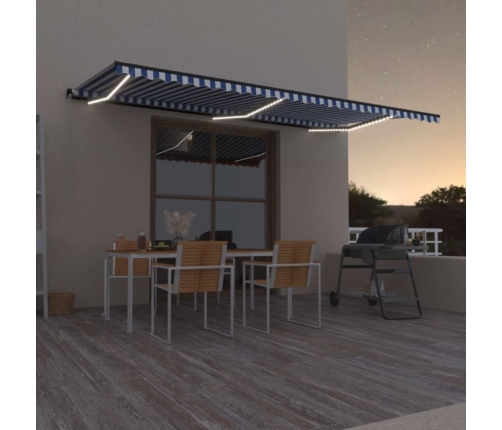 Toldo retráctil manual con luz LED azul y blanco 600x300 cm