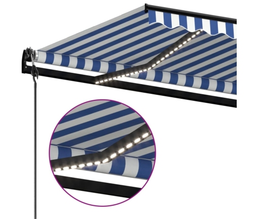 Toldo automático LED sensor de viento azul y blanco 600x300 cm