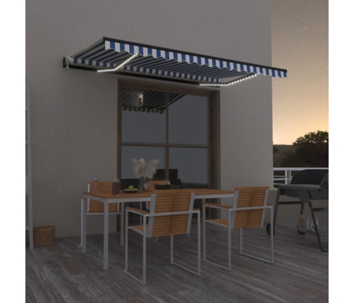 Toldo automático LED sensor de viento azul y blanco 400x350 cm