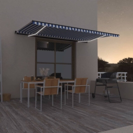 Toldo manual retráctil con LED azul y blanco 500x350 cm