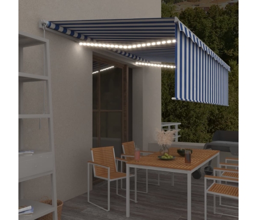 Toldo retráctil manual con persiana y LED azul y blanco 5x3 m