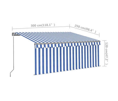 Toldo retráctil manual con persiana azul y blanco 3x2,5 m