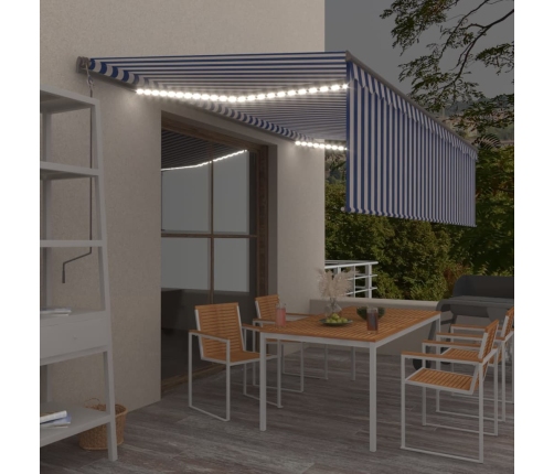 Toldo retráctil manual con persiana y LED azul y blanco 5x3 m