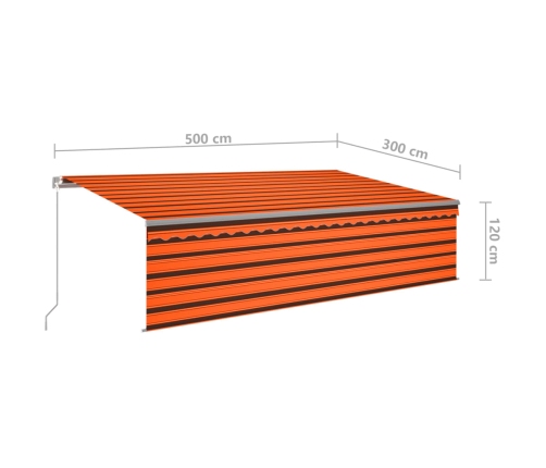 Toldo retráctil manual con persiana y LED naranja y marrón 5x3m