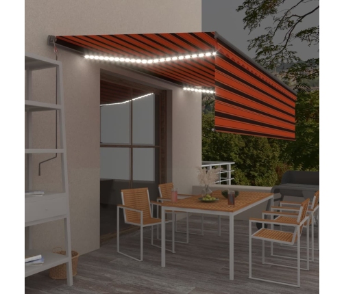 Toldo retráctil manual con persiana y LED naranja y marrón 5x3m