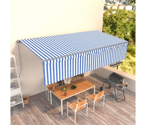 Toldo retráctil manual con persiana azul y blanco 6x3 m