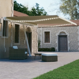 Toldo retráctil manual con LED color crema 450x300 cm