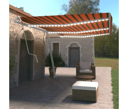 Toldo automático LED sensor de viento naranja marrón 600x350 cm