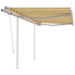 Toldo manual retráctil con postes amarillo y blanco 3x2,5 m