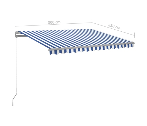 Toldo retráctil automático con postes azul y blanco 3x2,5 m