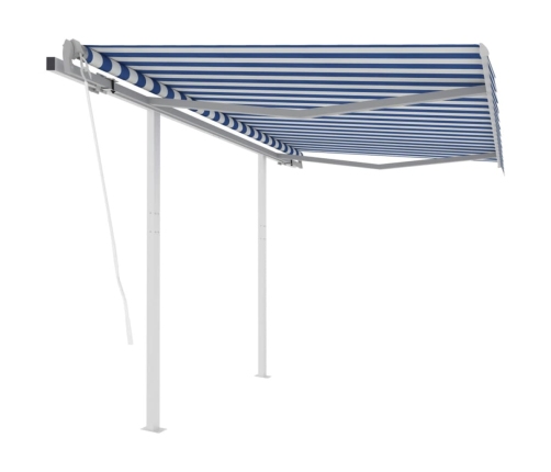 Toldo retráctil automático con postes azul y blanco 3,5x2,5 m