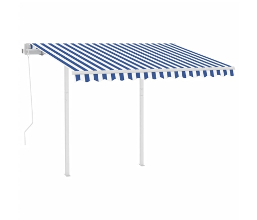 Toldo retráctil automático con postes azul y blanco 3,5x2,5 m