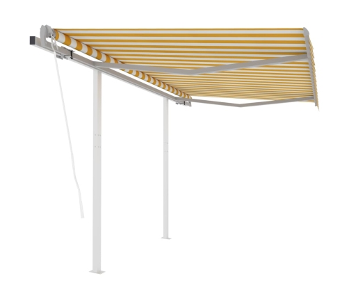 Toldo retráctil automático con postes amarillo blanco 3,5x2,5 m