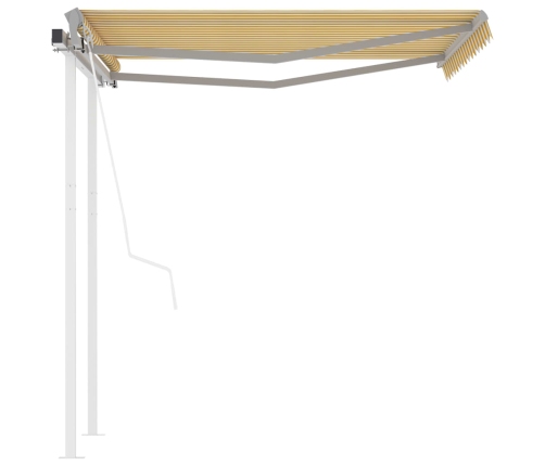 Toldo retráctil automático con postes amarillo blanco 3,5x2,5 m