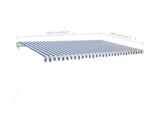 Toldo manual retráctil con postes azul y blanco 5x3 m