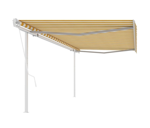Toldo retráctil automático con postes amarillo y blanco 5x3 m