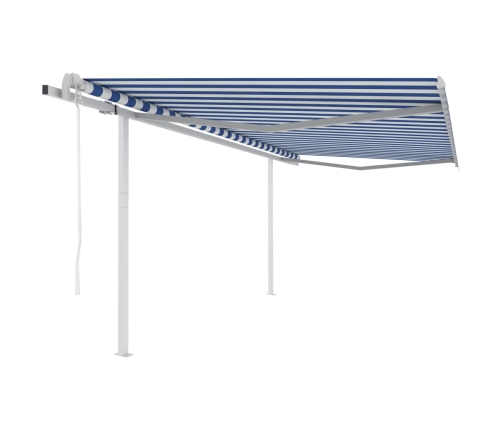 Toldo retráctil automático con postes azul y blanco 4x3,5 m