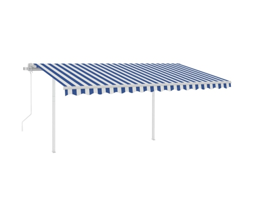 Toldo retráctil automático con postes azul y blanco 4x3,5 m