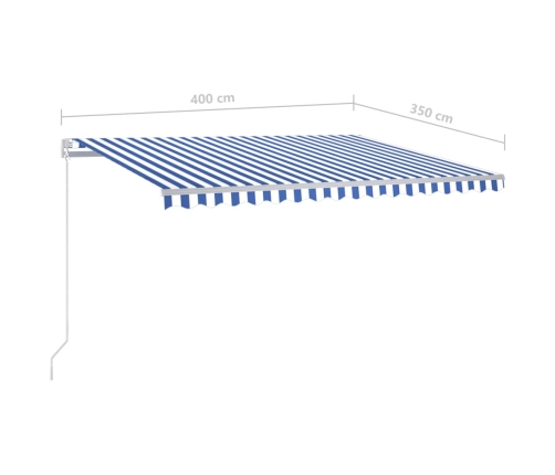 Toldo retráctil automático con postes azul y blanco 4x3,5 m